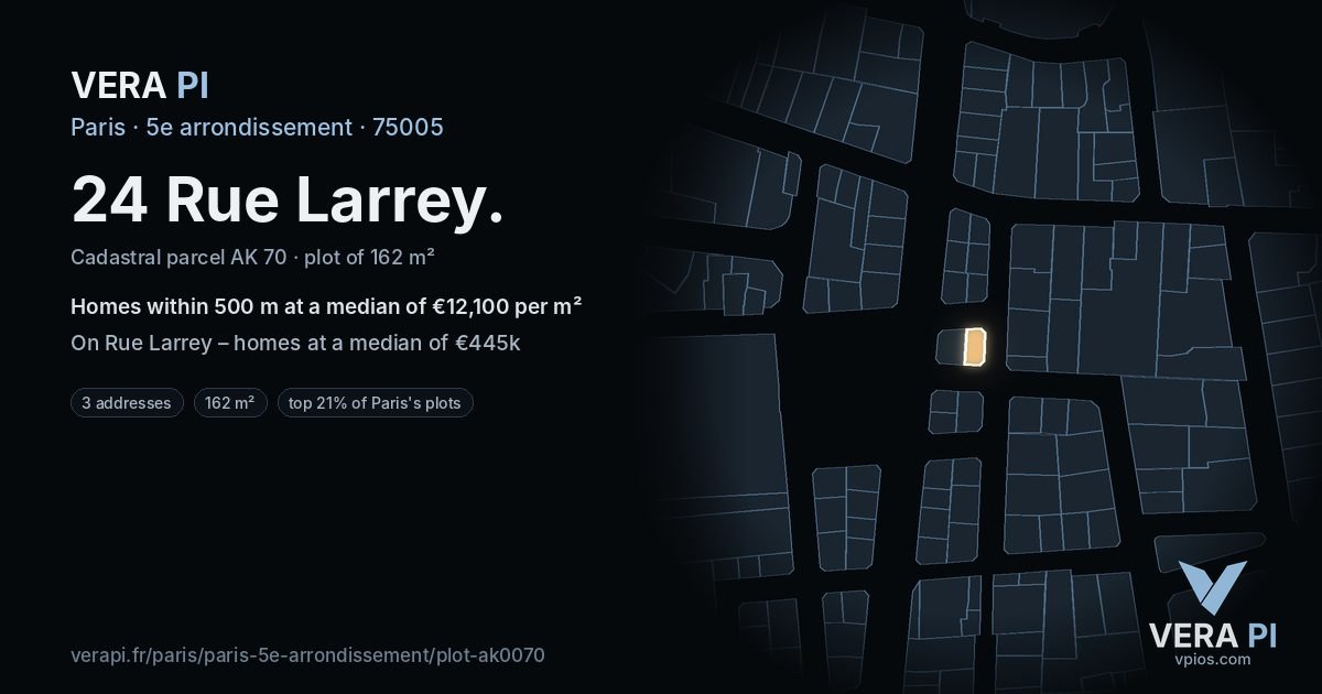 24 Rue Larrey, 5e arrondissement at night – the plot lit, the parcels around coloured by the prices near them