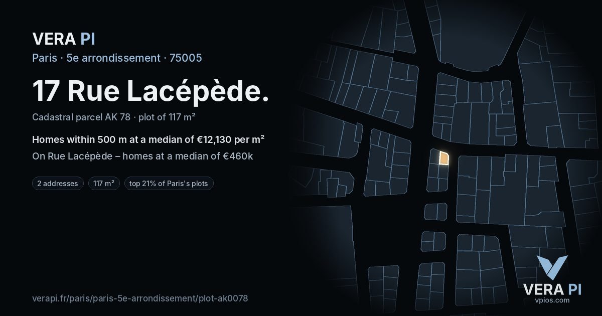 17 Rue Lacépède, 5e arrondissement at night – the plot lit, the parcels around coloured by the prices near them