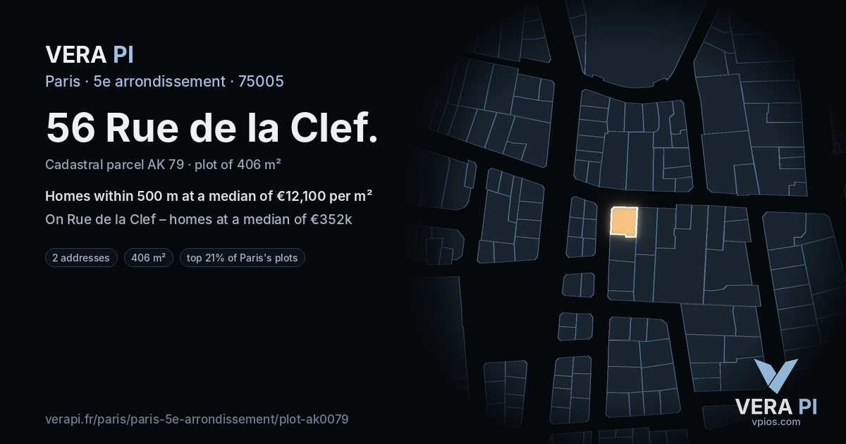 56 Rue de la Clef, 5e arrondissement at night – the plot lit, the parcels around coloured by the prices near them