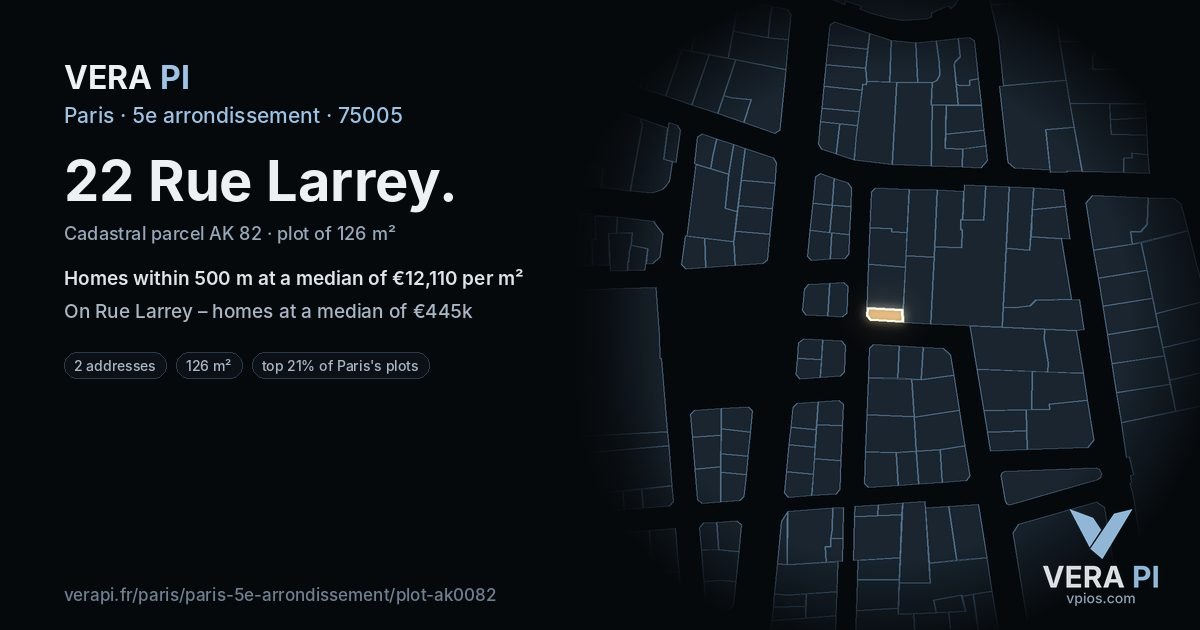 22 Rue Larrey, 5e arrondissement at night – the plot lit, the parcels around coloured by the prices near them