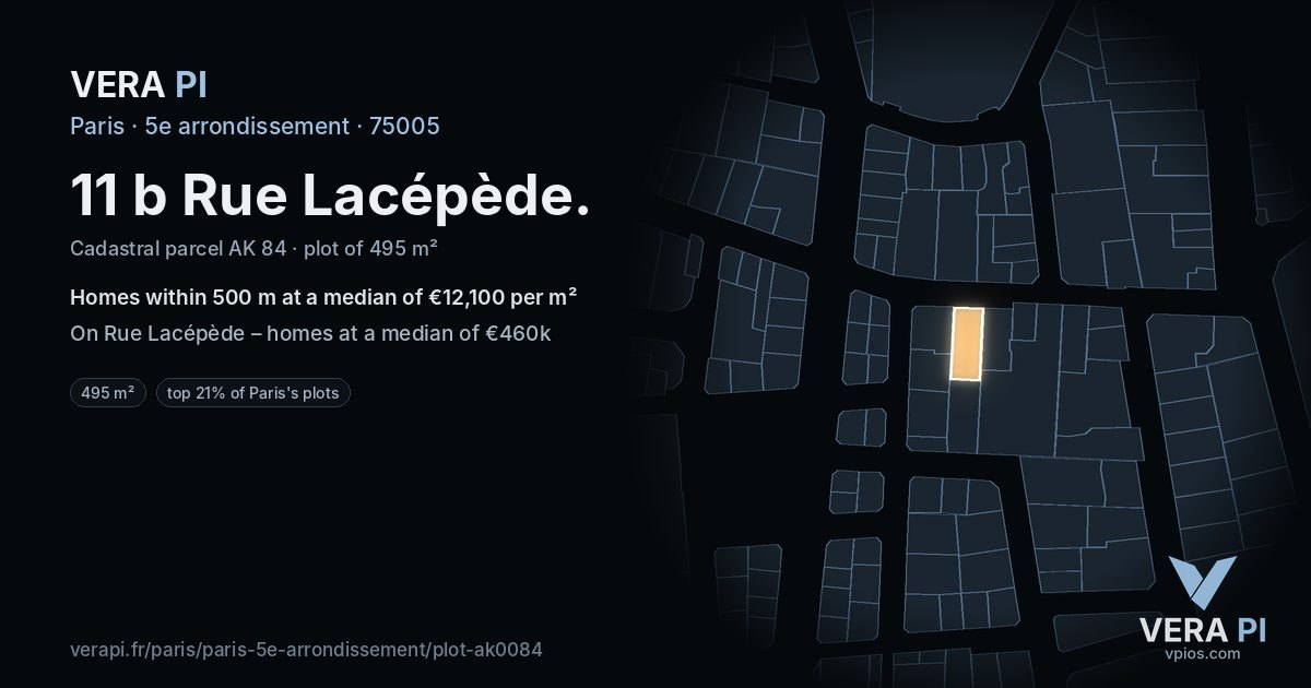 11 b Rue Lacépède, 5e arrondissement at night – the plot lit, the parcels around coloured by the prices near them