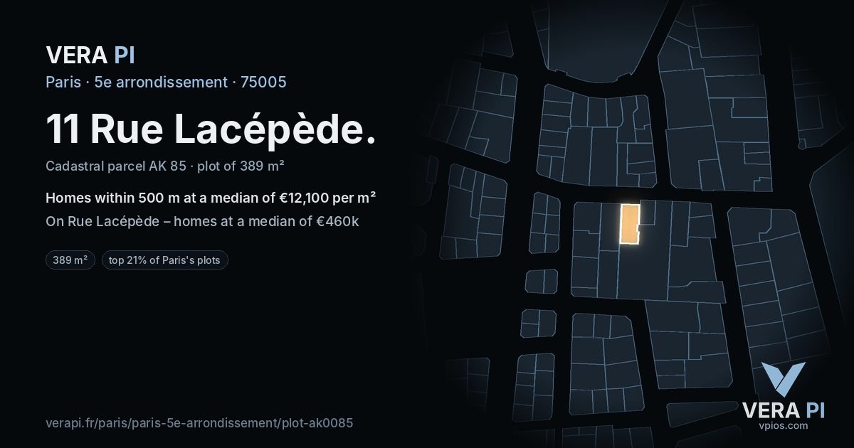 11 Rue Lacépède, 5e arrondissement at night – the plot lit, the parcels around coloured by the prices near them