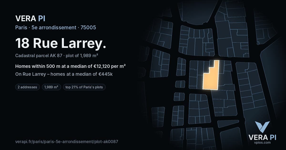 18 Rue Larrey, 5e arrondissement at night – the plot lit, the parcels around coloured by the prices near them