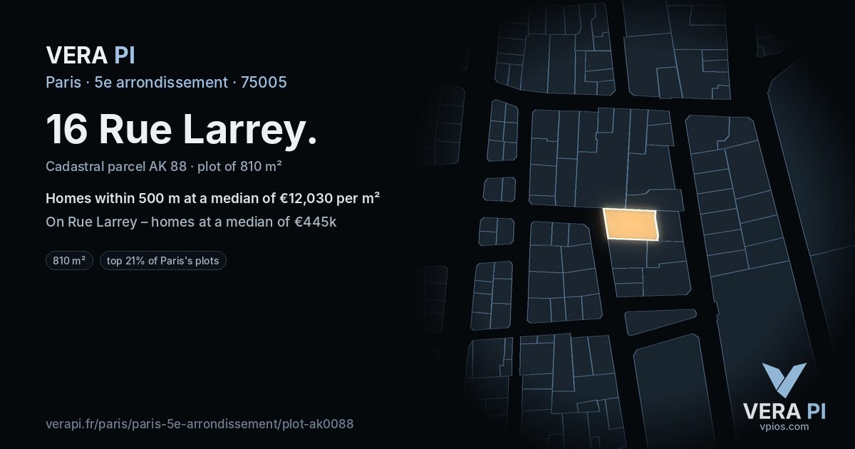 16 Rue Larrey, 5e arrondissement at night – the plot lit, the parcels around coloured by the prices near them