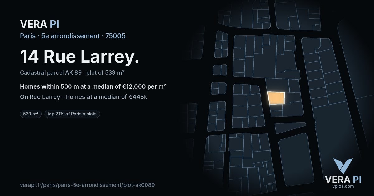 14 Rue Larrey, 5e arrondissement at night – the plot lit, the parcels around coloured by the prices near them