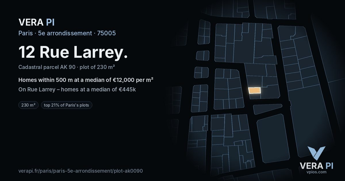 12 Rue Larrey, 5e arrondissement at night – the plot lit, the parcels around coloured by the prices near them