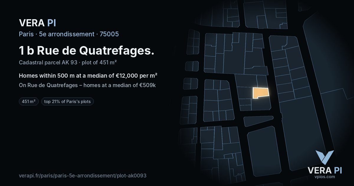 1 b Rue de Quatrefages, 5e arrondissement at night – the plot lit, the parcels around coloured by the prices near them