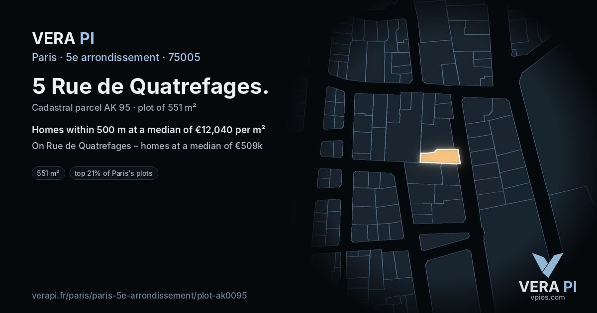 5 Rue de Quatrefages, 5e arrondissement at night – the plot lit, the parcels around coloured by the prices near them