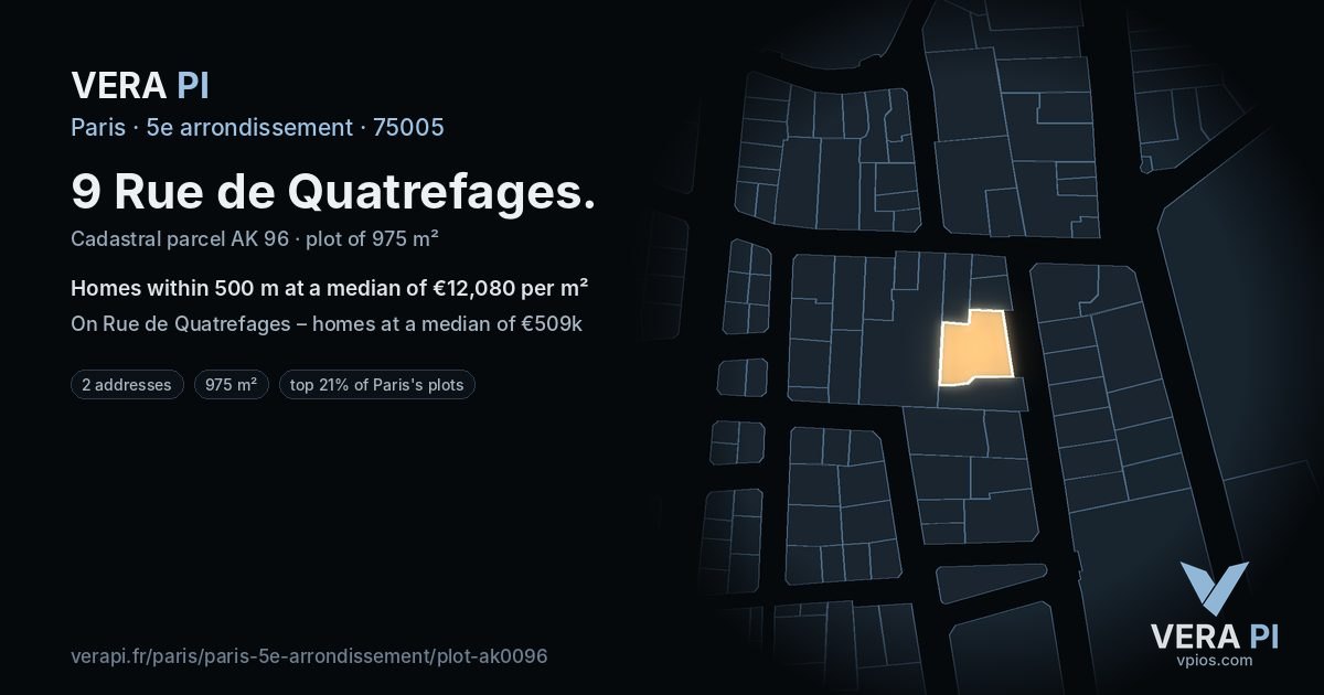 9 Rue de Quatrefages, 5e arrondissement at night – the plot lit, the parcels around coloured by the prices near them