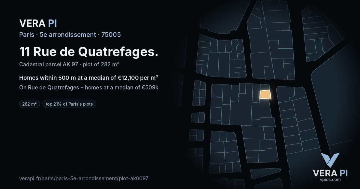 11 Rue de Quatrefages, 5e arrondissement at night – the plot lit, the parcels around coloured by the prices near them