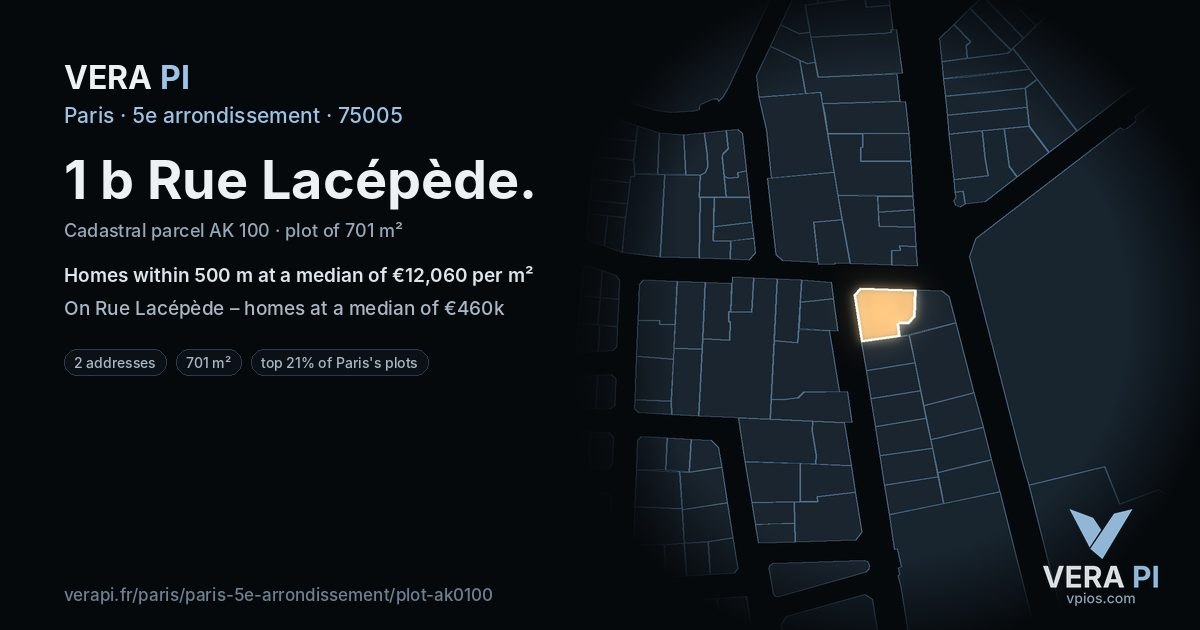 1 b Rue Lacépède, 5e arrondissement at night – the plot lit, the parcels around coloured by the prices near them