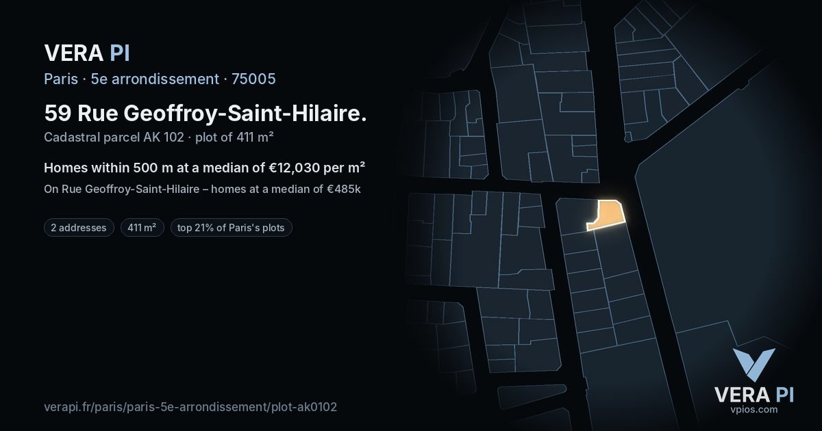 59 Rue Geoffroy-Saint-Hilaire, 5e arrondissement at night – the plot lit, the parcels around coloured by the prices near them