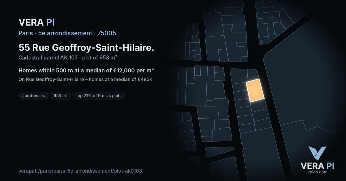 55 Rue Geoffroy-Saint-Hilaire, 5e arrondissement at night – the plot lit, the parcels around coloured by the prices near them