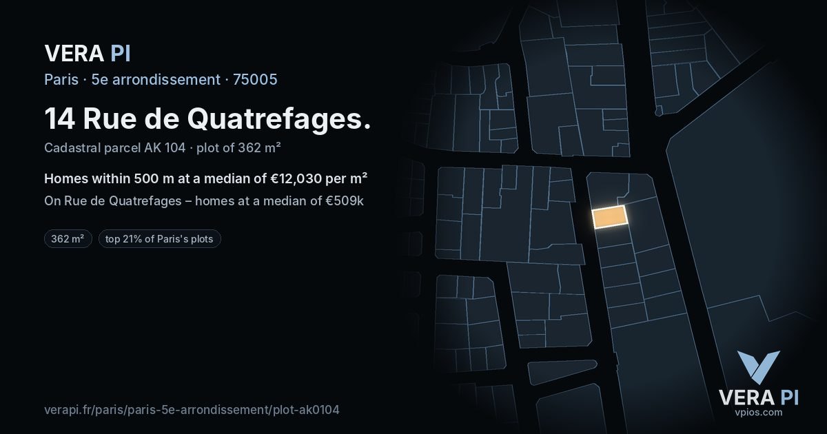 14 Rue de Quatrefages, 5e arrondissement at night – the plot lit, the parcels around coloured by the prices near them