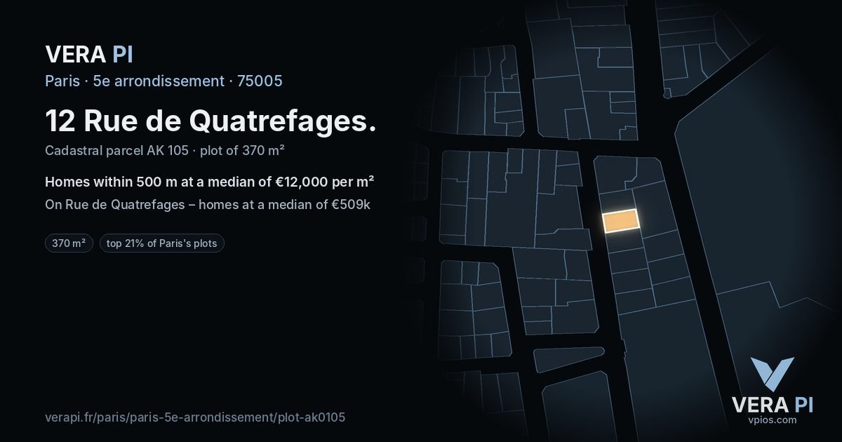 12 Rue de Quatrefages, 5e arrondissement at night – the plot lit, the parcels around coloured by the prices near them