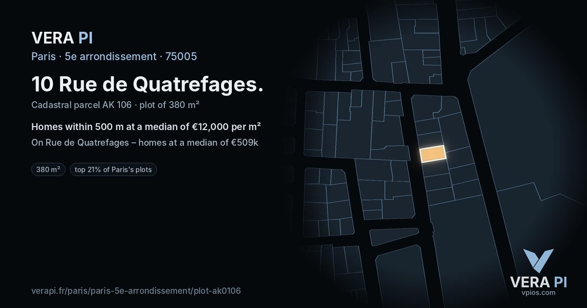 10 Rue de Quatrefages, 5e arrondissement at night – the plot lit, the parcels around coloured by the prices near them