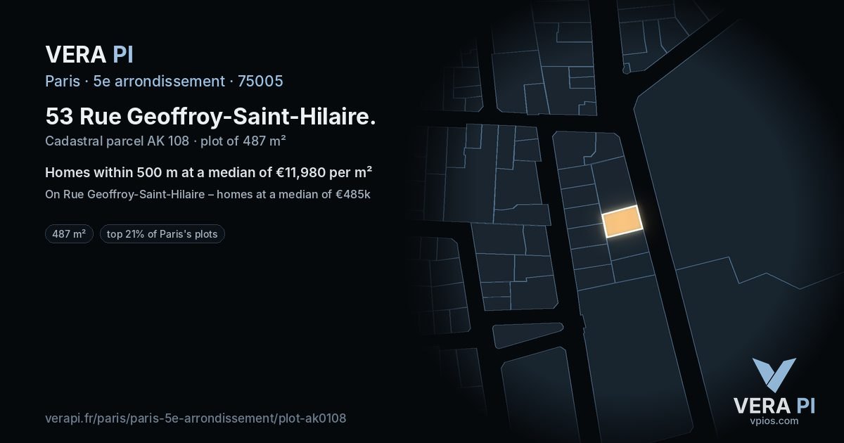 53 Rue Geoffroy-Saint-Hilaire, 5e arrondissement at night – the plot lit, the parcels around coloured by the prices near them