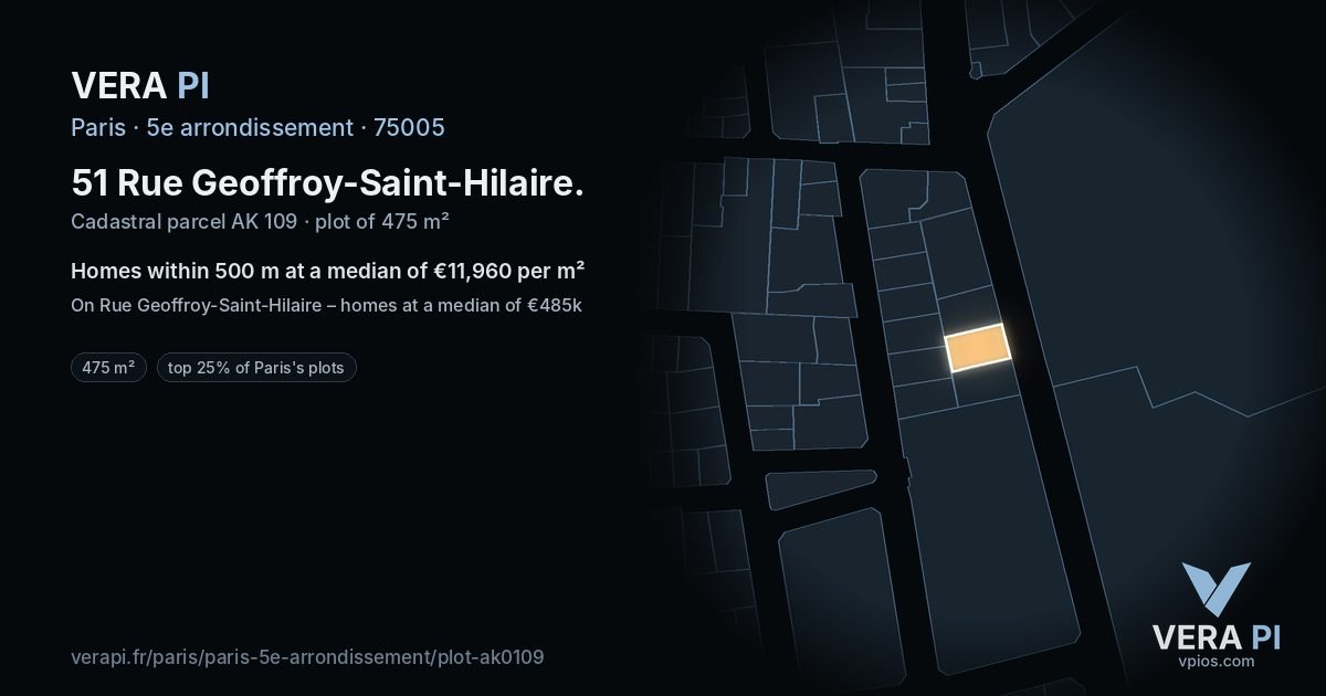 51 Rue Geoffroy-Saint-Hilaire, 5e arrondissement at night – the plot lit, the parcels around coloured by the prices near them