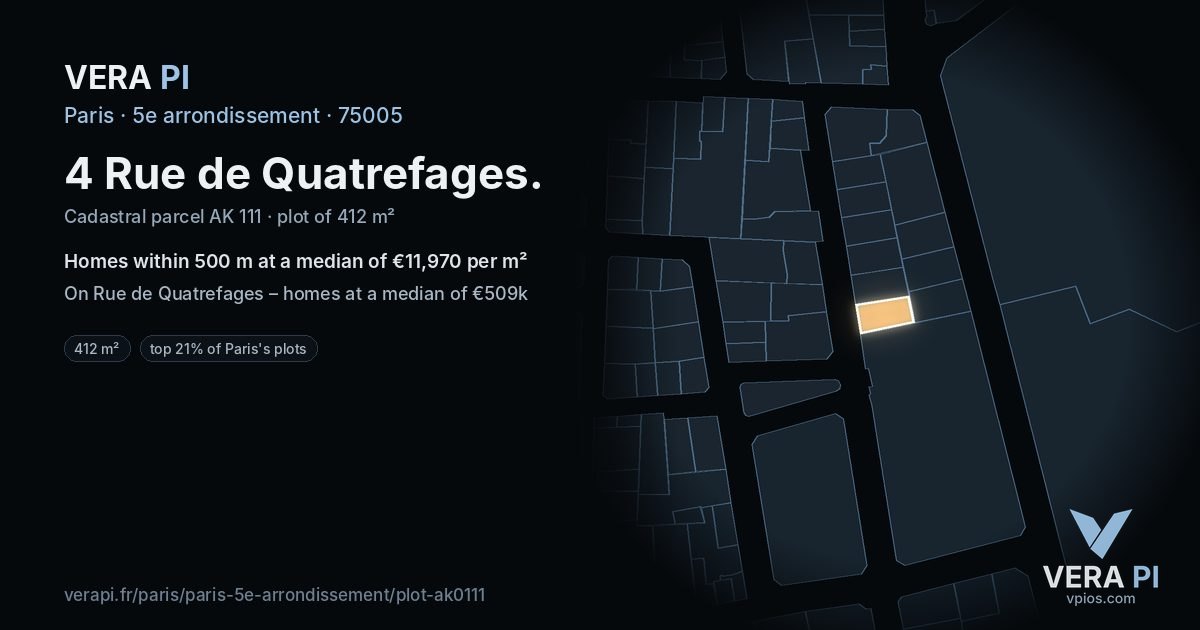 4 Rue de Quatrefages, 5e arrondissement at night – the plot lit, the parcels around coloured by the prices near them