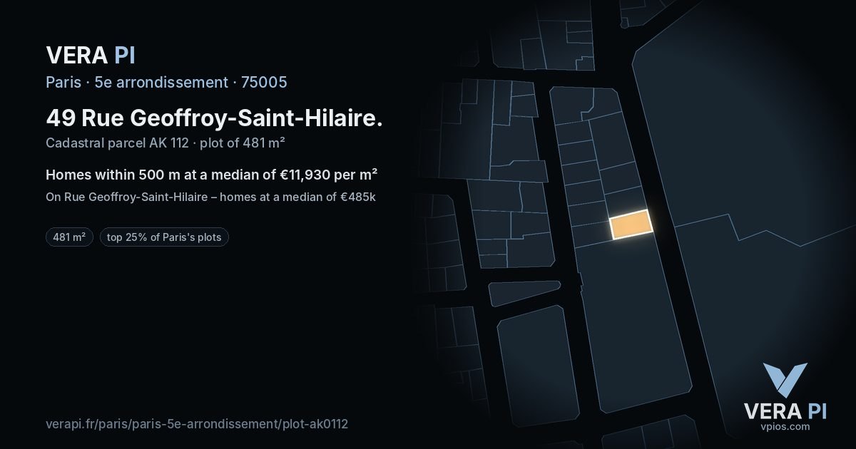 49 Rue Geoffroy-Saint-Hilaire, 5e arrondissement at night – the plot lit, the parcels around coloured by the prices near them