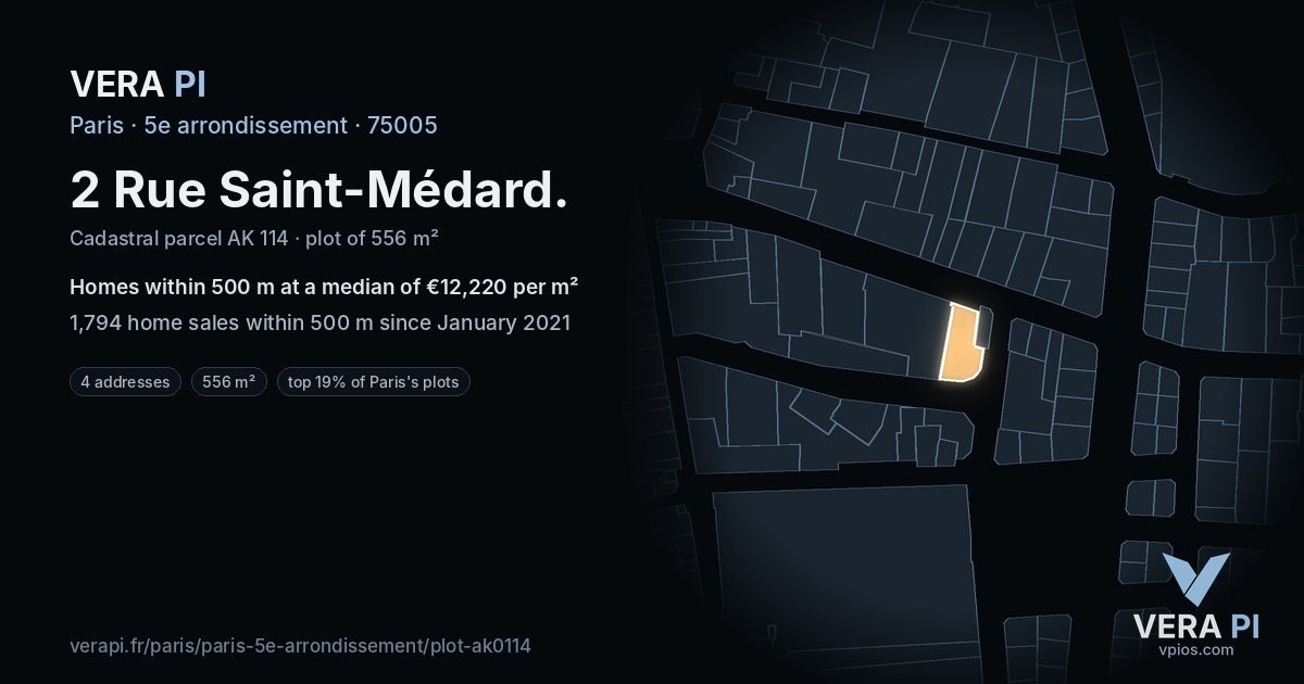 2 Rue Saint-Médard, 5e arrondissement at night – the plot lit, the parcels around coloured by the prices near them