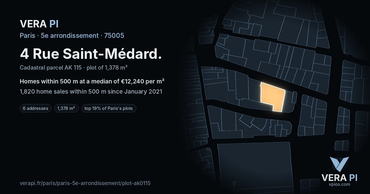 4 Rue Saint-Médard, 5e arrondissement at night – the plot lit, the parcels around coloured by the prices near them