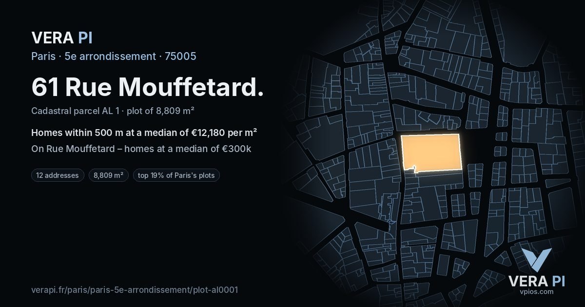 61 Rue Mouffetard, 5e arrondissement at night – the plot lit, the parcels around coloured by the prices near them