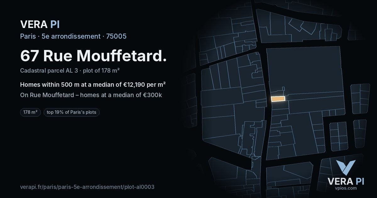 67 Rue Mouffetard, 5e arrondissement at night – the plot lit, the parcels around coloured by the prices near them