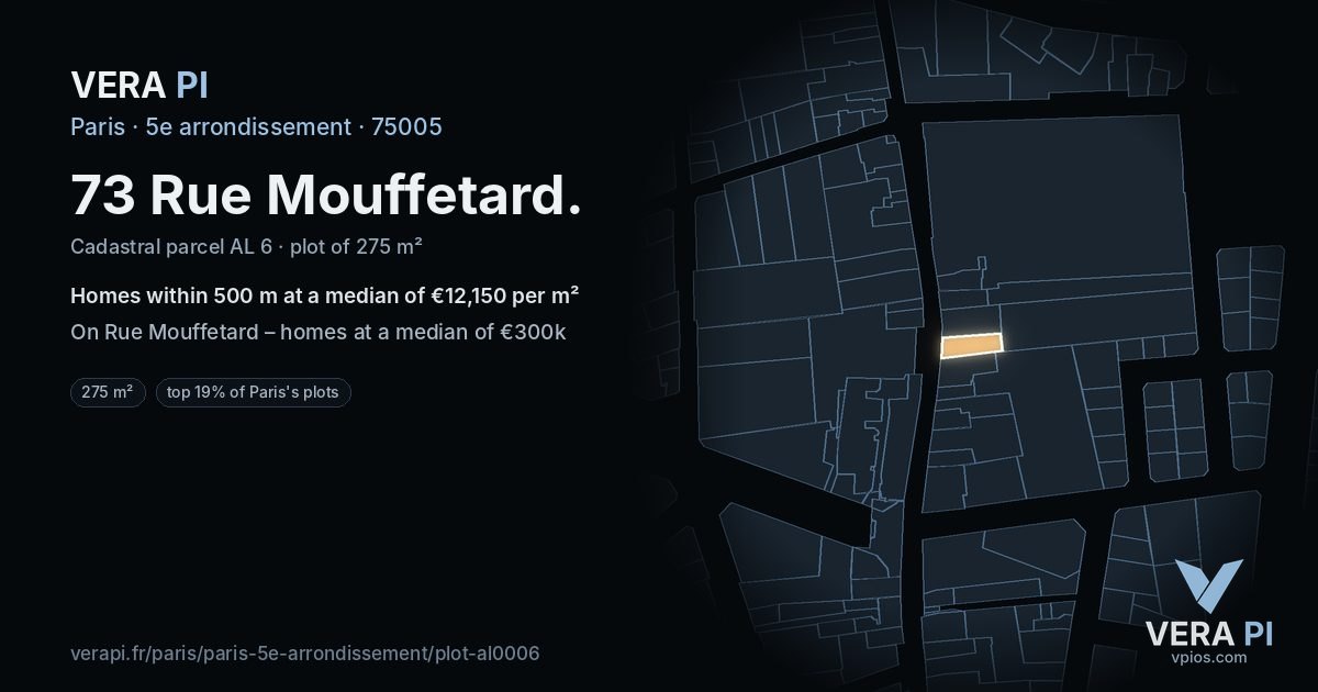 73 Rue Mouffetard, 5e arrondissement at night – the plot lit, the parcels around coloured by the prices near them