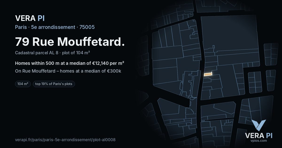 79 Rue Mouffetard, 5e arrondissement at night – the plot lit, the parcels around coloured by the prices near them