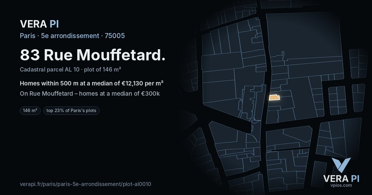 83 Rue Mouffetard, 5e arrondissement at night – the plot lit, the parcels around coloured by the prices near them