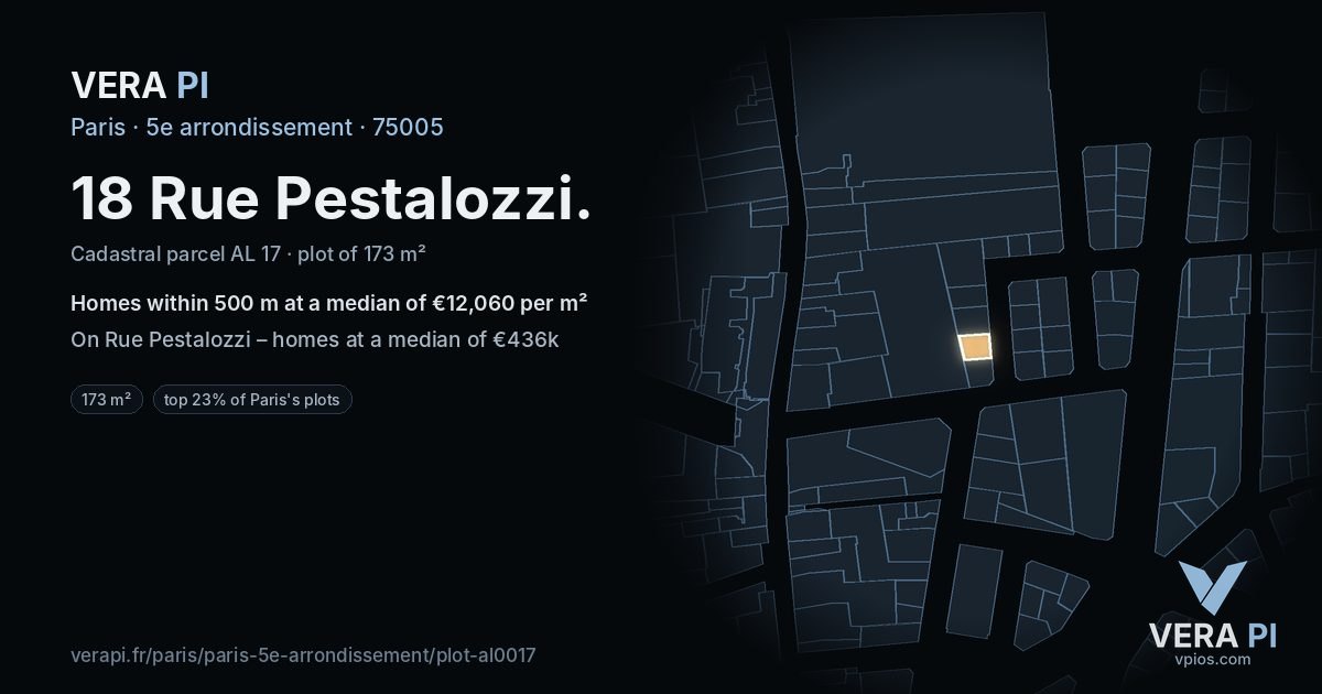 18 Rue Pestalozzi, 5e arrondissement at night – the plot lit, the parcels around coloured by the prices near them