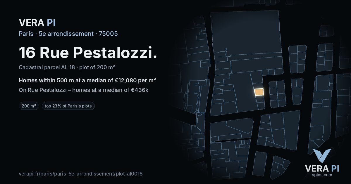 16 Rue Pestalozzi, 5e arrondissement at night – the plot lit, the parcels around coloured by the prices near them