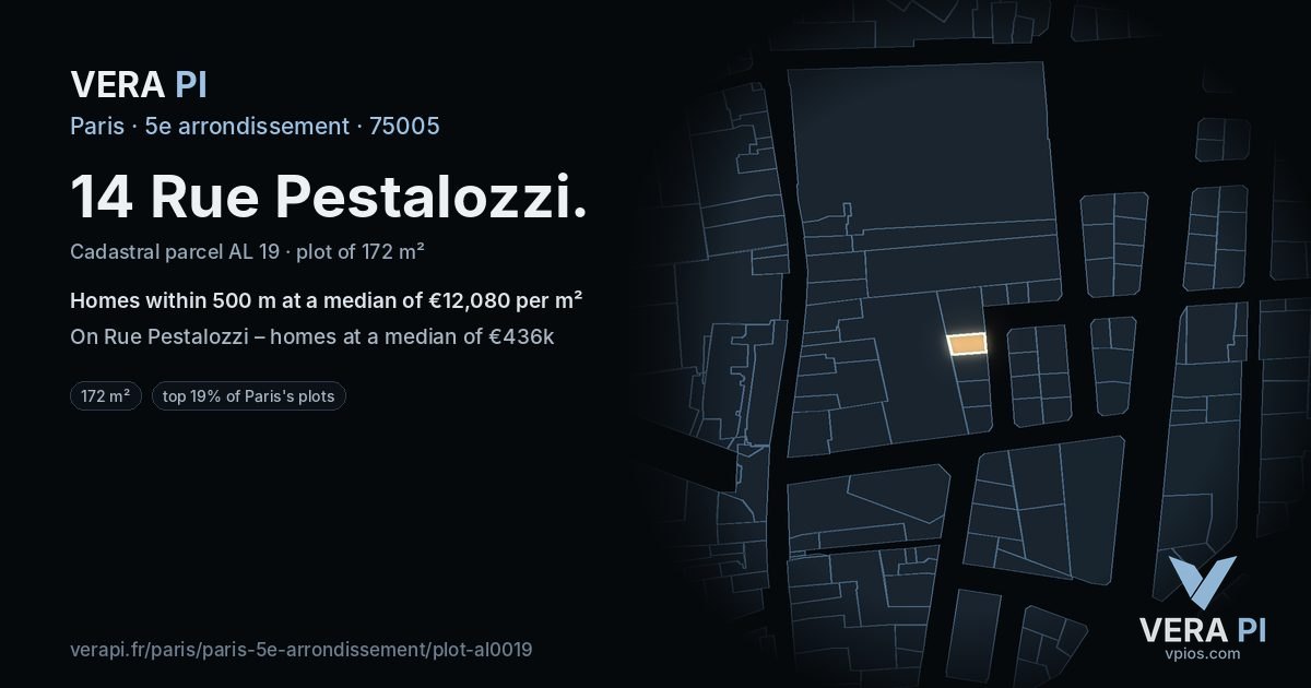 14 Rue Pestalozzi, 5e arrondissement at night – the plot lit, the parcels around coloured by the prices near them