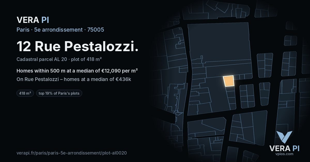 12 Rue Pestalozzi, 5e arrondissement at night – the plot lit, the parcels around coloured by the prices near them