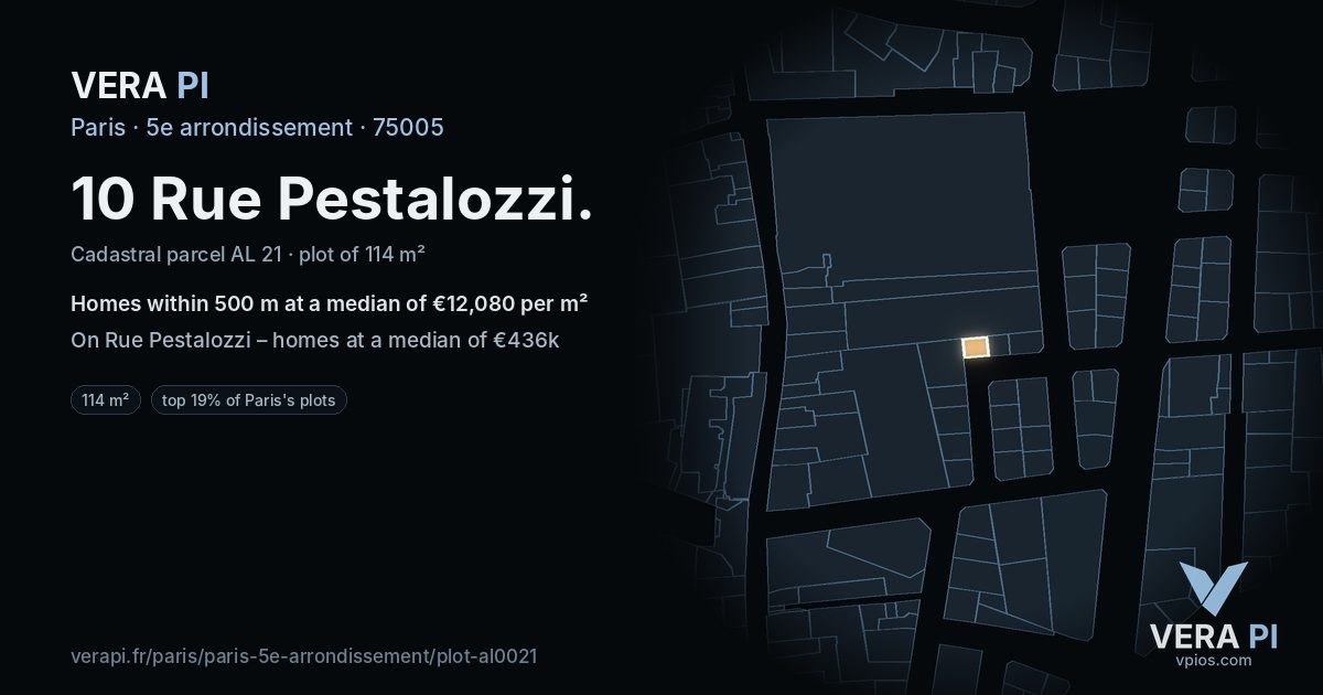 10 Rue Pestalozzi, 5e arrondissement at night – the plot lit, the parcels around coloured by the prices near them