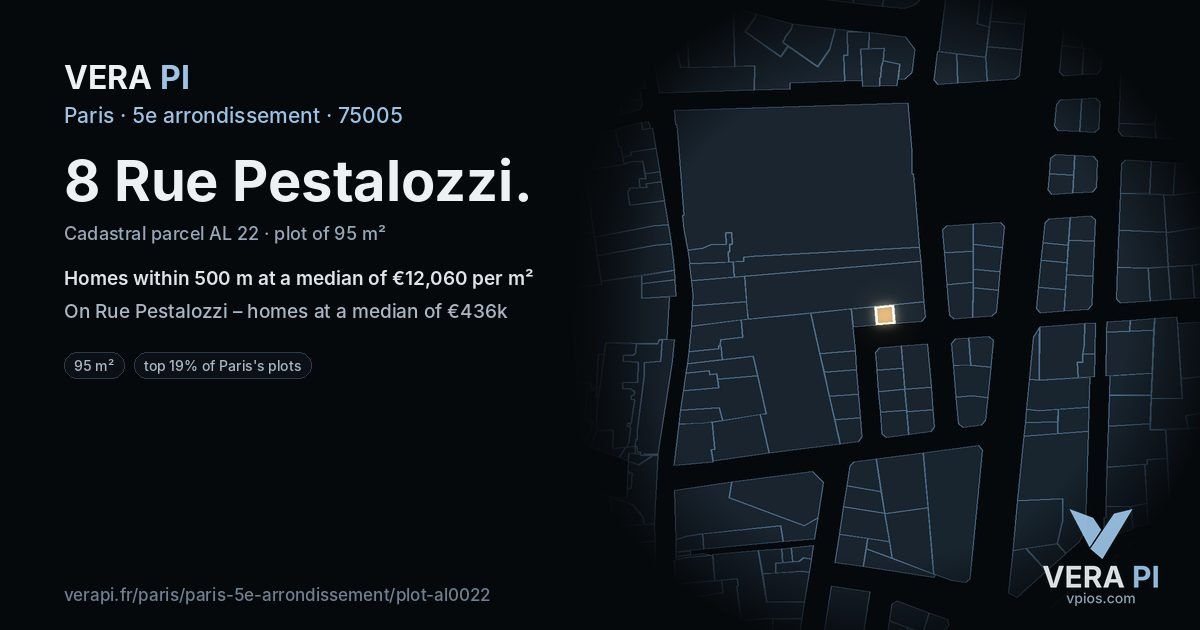 8 Rue Pestalozzi, 5e arrondissement at night – the plot lit, the parcels around coloured by the prices near them