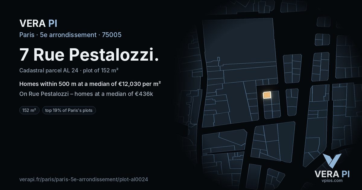 7 Rue Pestalozzi, 5e arrondissement at night – the plot lit, the parcels around coloured by the prices near them