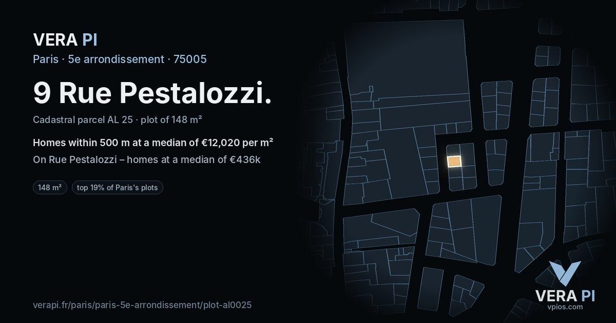 9 Rue Pestalozzi, 5e arrondissement at night – the plot lit, the parcels around coloured by the prices near them