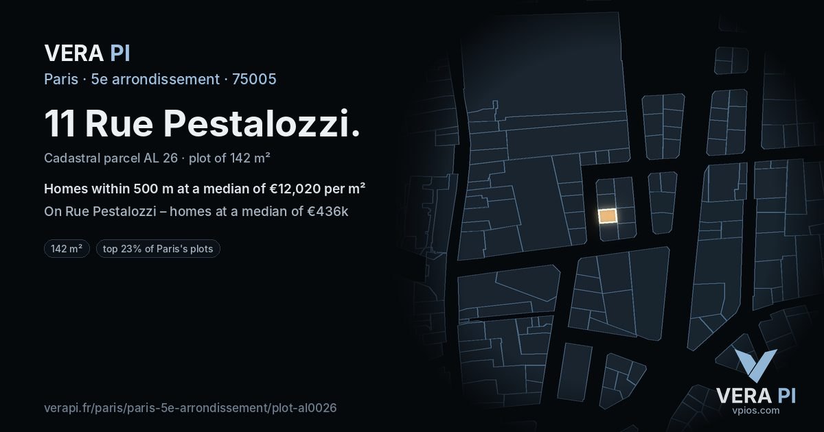 11 Rue Pestalozzi, 5e arrondissement at night – the plot lit, the parcels around coloured by the prices near them