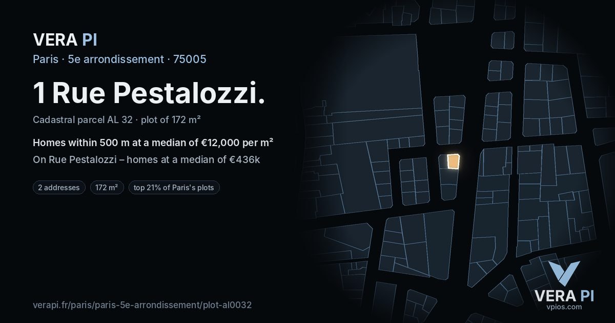 1 Rue Pestalozzi, 5e arrondissement at night – the plot lit, the parcels around coloured by the prices near them