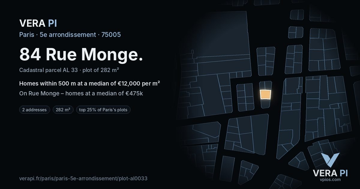 84 Rue Monge, 5e arrondissement at night – the plot lit, the parcels around coloured by the prices near them