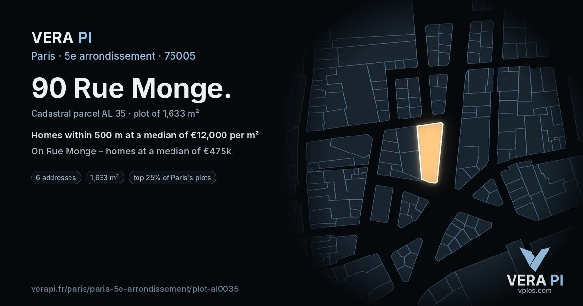 90 Rue Monge, 5e arrondissement at night – the plot lit, the parcels around coloured by the prices near them