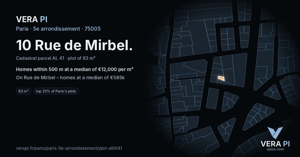 10 Rue de Mirbel, 5e arrondissement at night – the plot lit, the parcels around coloured by the prices near them
