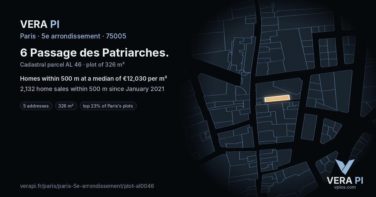 6 Passage des Patriarches, 5e arrondissement at night – the plot lit, the parcels around coloured by the prices near them