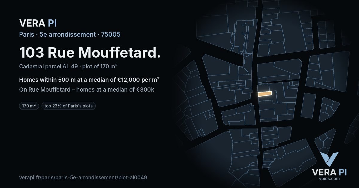 103 Rue Mouffetard, 5e arrondissement at night – the plot lit, the parcels around coloured by the prices near them