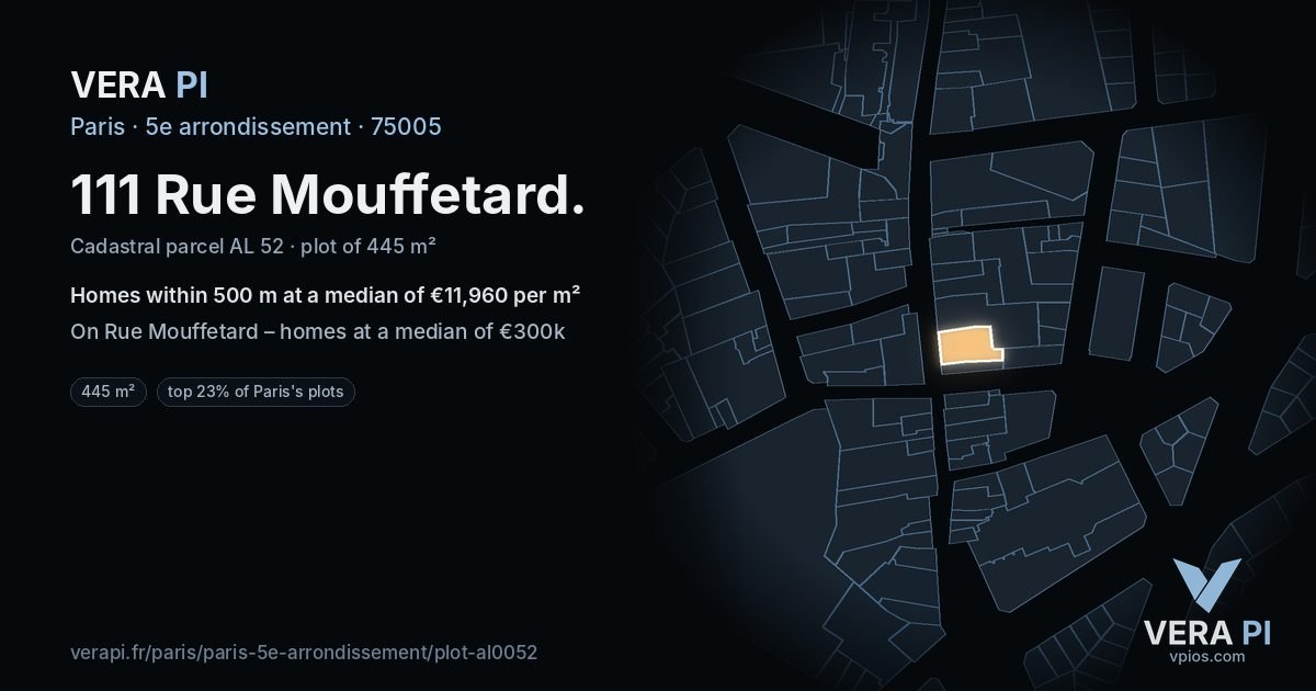 111 Rue Mouffetard, 5e arrondissement at night – the plot lit, the parcels around coloured by the prices near them