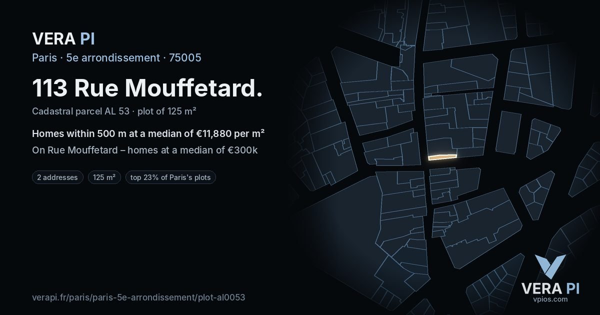113 Rue Mouffetard, 5e arrondissement at night – the plot lit, the parcels around coloured by the prices near them
