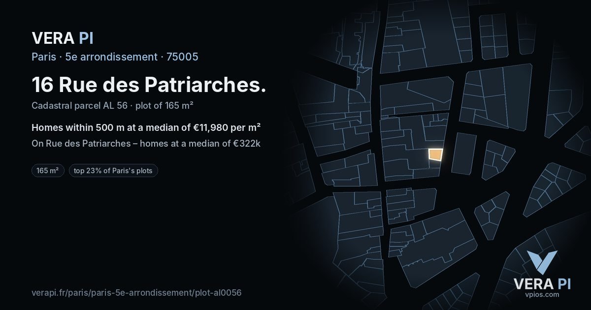 16 Rue des Patriarches, 5e arrondissement at night – the plot lit, the parcels around coloured by the prices near them