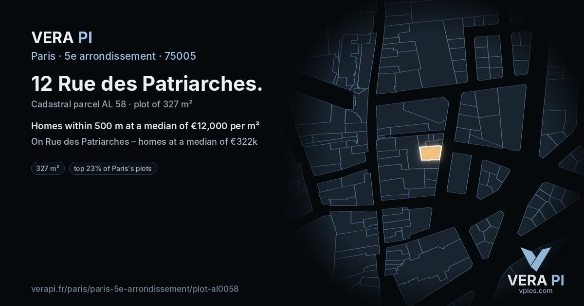 12 Rue des Patriarches, 5e arrondissement at night – the plot lit, the parcels around coloured by the prices near them